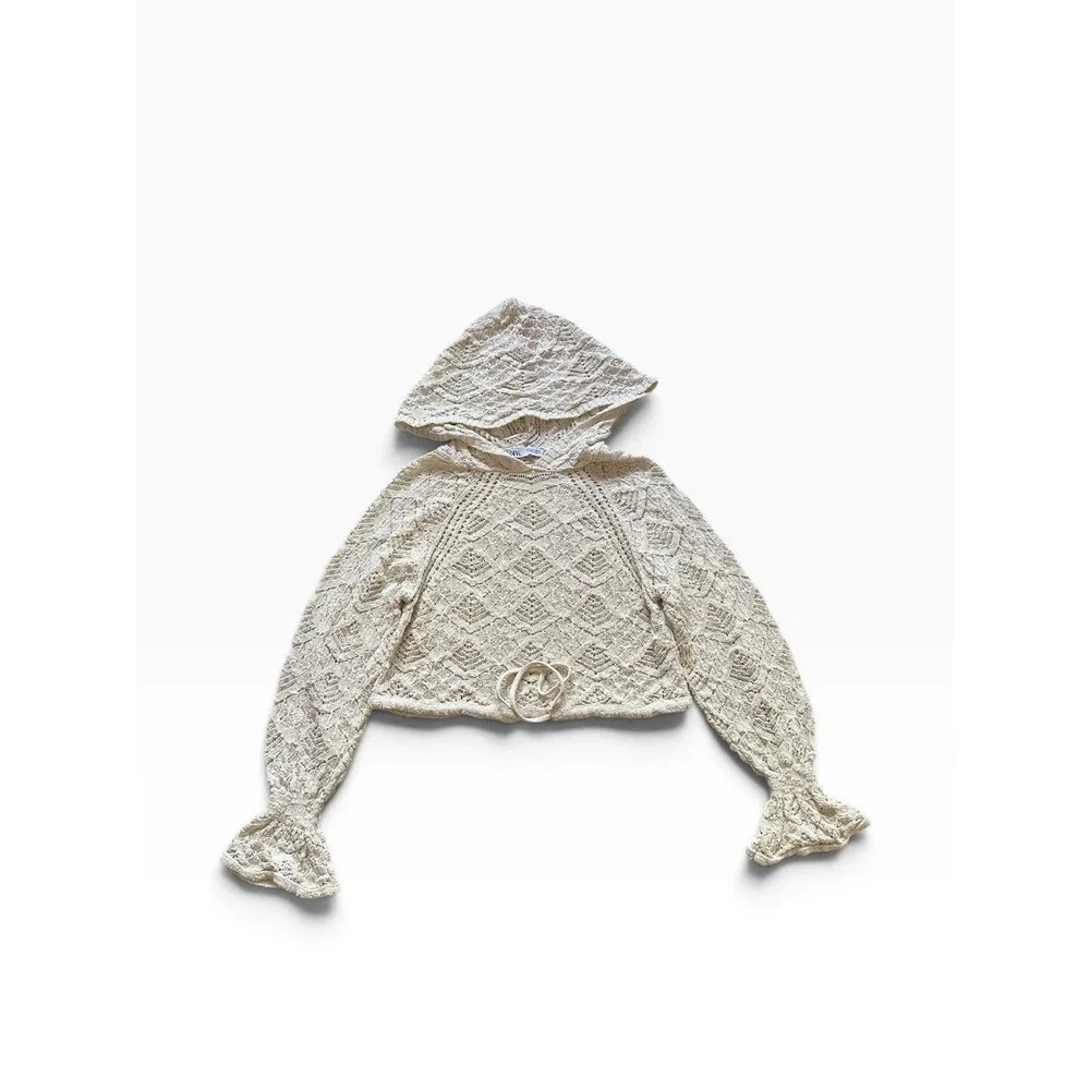 Zara Crotchet Hooded Crop Top Women’s Medium Knit Flared Long Sleeve Sweater